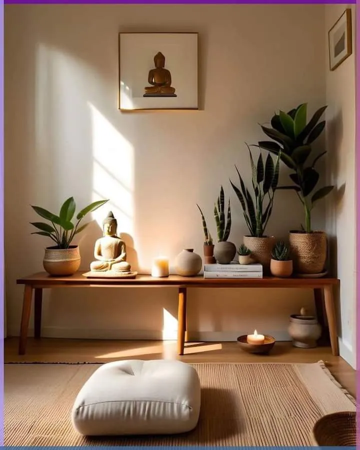 Coin zen de méditation à la maison, lumière du matin